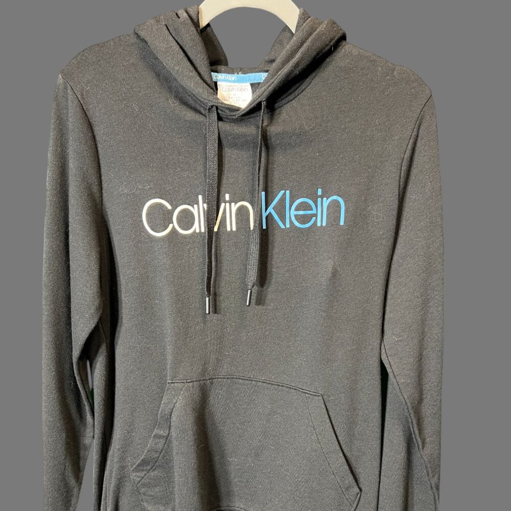Calvin Klein Grey Hoodie with Text Logo and Kangaroo Pocket